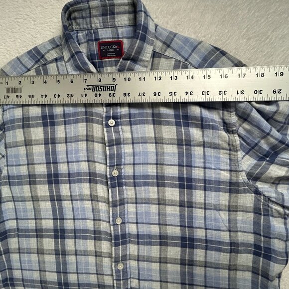 Untuckit Mens Plaid Short Sleeve Button-Down Cotton Benjamin Shirt Large Blue - Picture 6 of 8